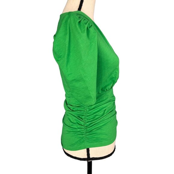 INC Small Top V-Neck Puff Sleeves Ruched Sides Stretch Pleated Side Zip Green - Picture 2 of 9